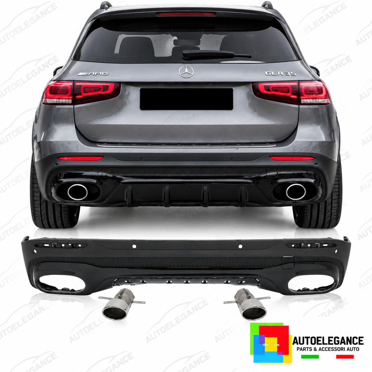 DIFFUSORE ADATTO PER MERCEDES X247 20- LOOK GLB35 + TERMINALI DI SCARICO CROMATI