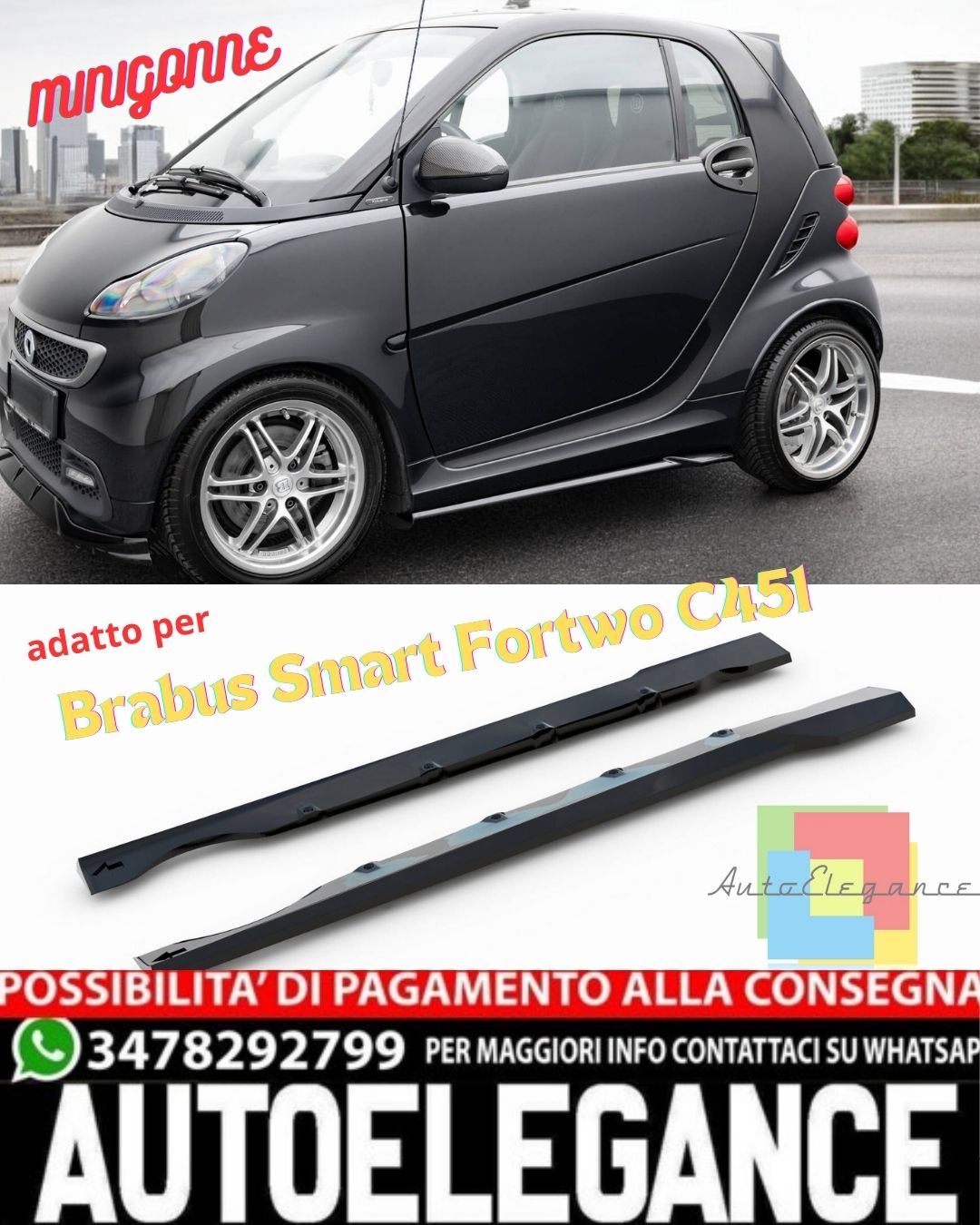 Minigonne Laterali Per Smart EQ Fortwo C453 2018-2024 - Anti Collisione, Estetica Sportiva, E-Glossy Black