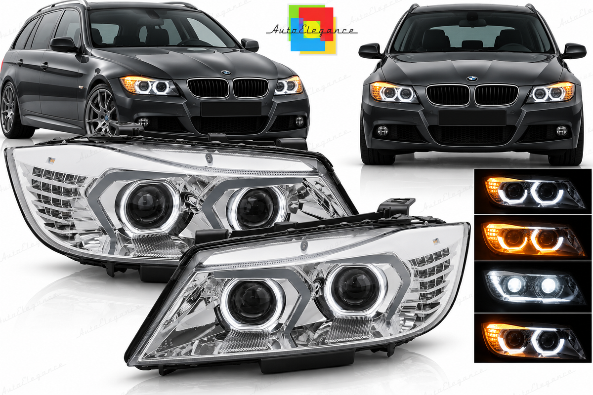 FANALI XENON AFS LED CROMATI ADATTI PER BMW E90 / E91 LCI 09-11