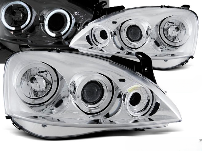 💫ART.6125 FARI ANTERIORI per OPEL CORSA C 2000 - 2006 OCCHI D'ANGELO CROMATI💫