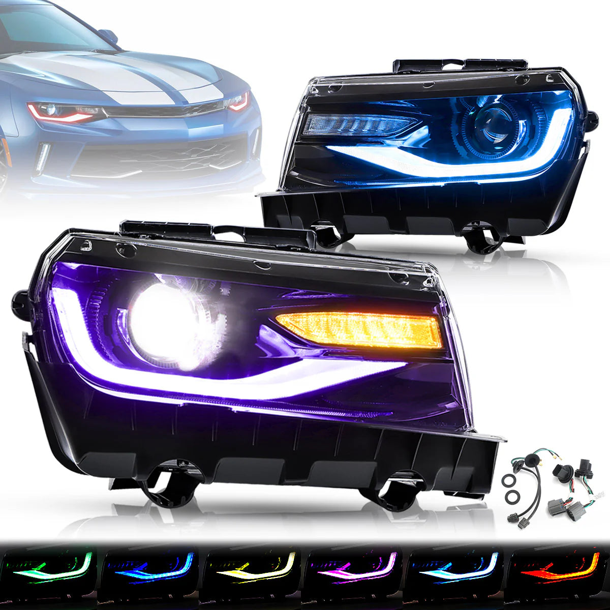 RGB Dual Beam Headlights for Chevy Camaro 2014 2015 with Sequential Amber Color, Multicolor DRL