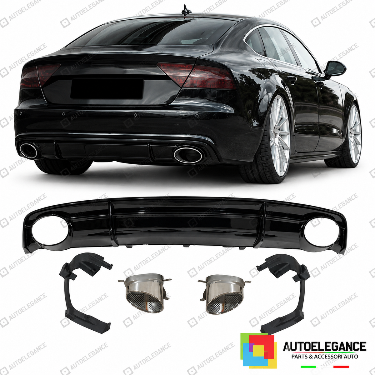 DIFFUSORE AUDI A7 S LINE 16-18 LOOK RS7 NERO LUCIDO + TERMINALI DI SCARICO ARGENTO
