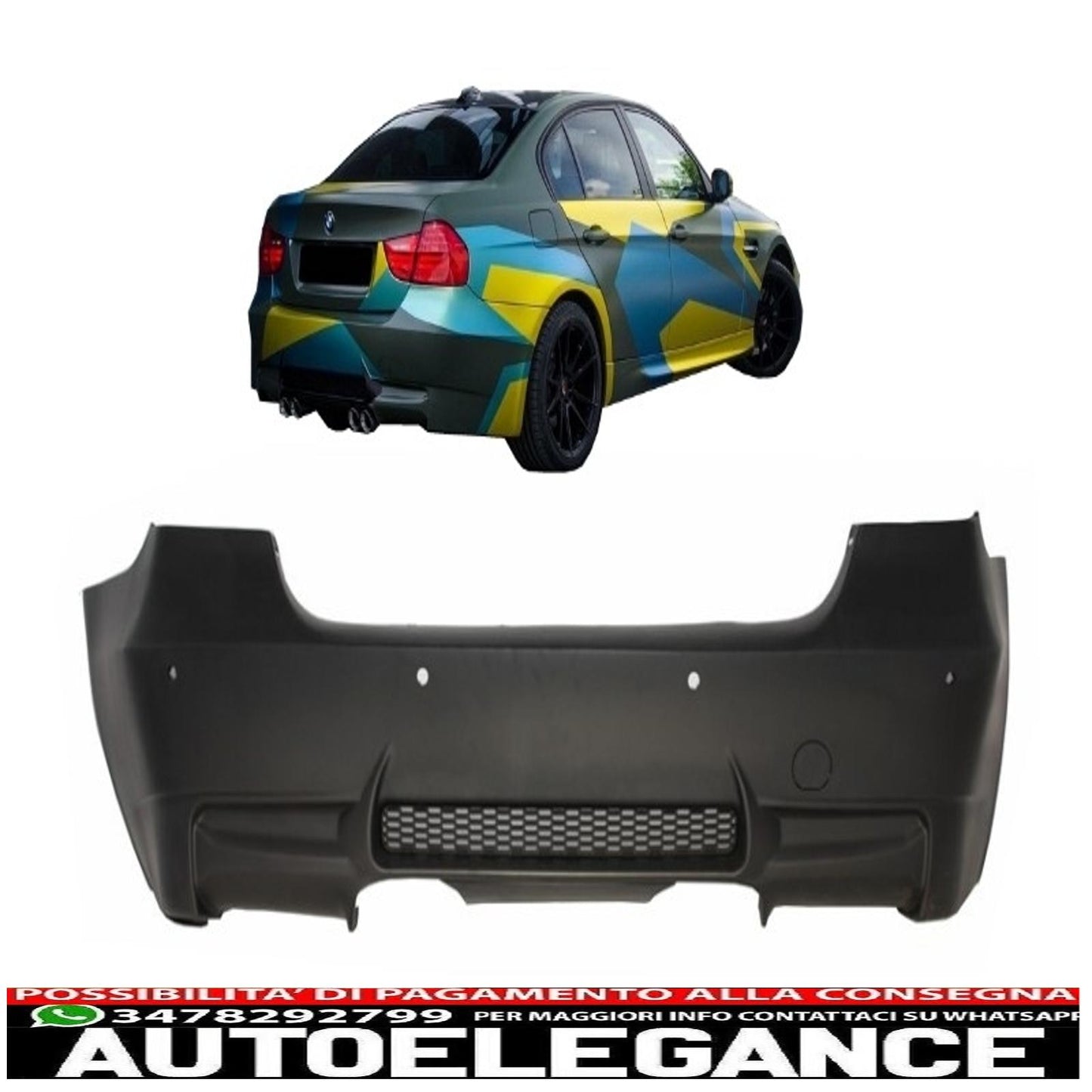 rear bumper suitable for bmw 3 series e90 (2004-2011) medium exhaust m3 design with pdc