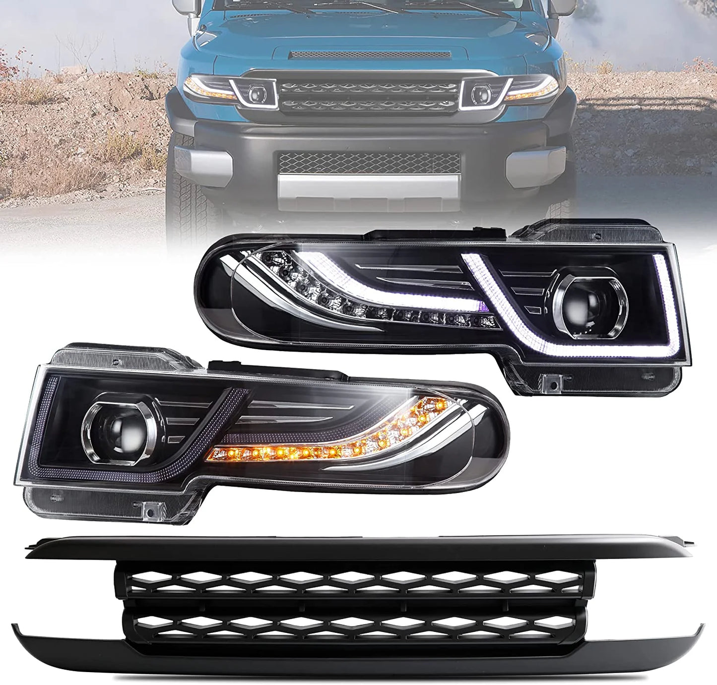 Black Grille LED Headlights Fit For Toyota FJ Cruiser 1st Generation 2007-2015