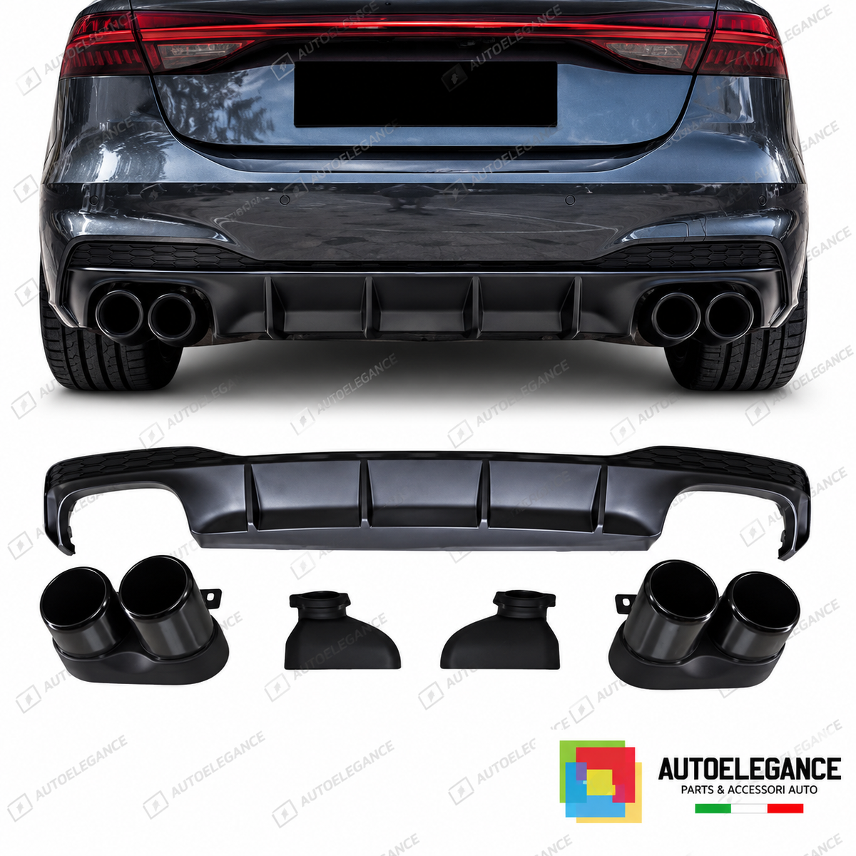 DIFFUSORE AUDI A7 S LINE 19- LOOK RS7 + TERMINALI DI SCARICO NERI