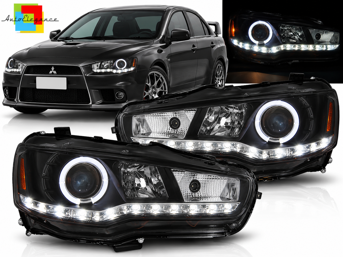 FARI ANTERIORI NERI A LED ADATTI PER MITSUBISHI LANCER 8 08-16