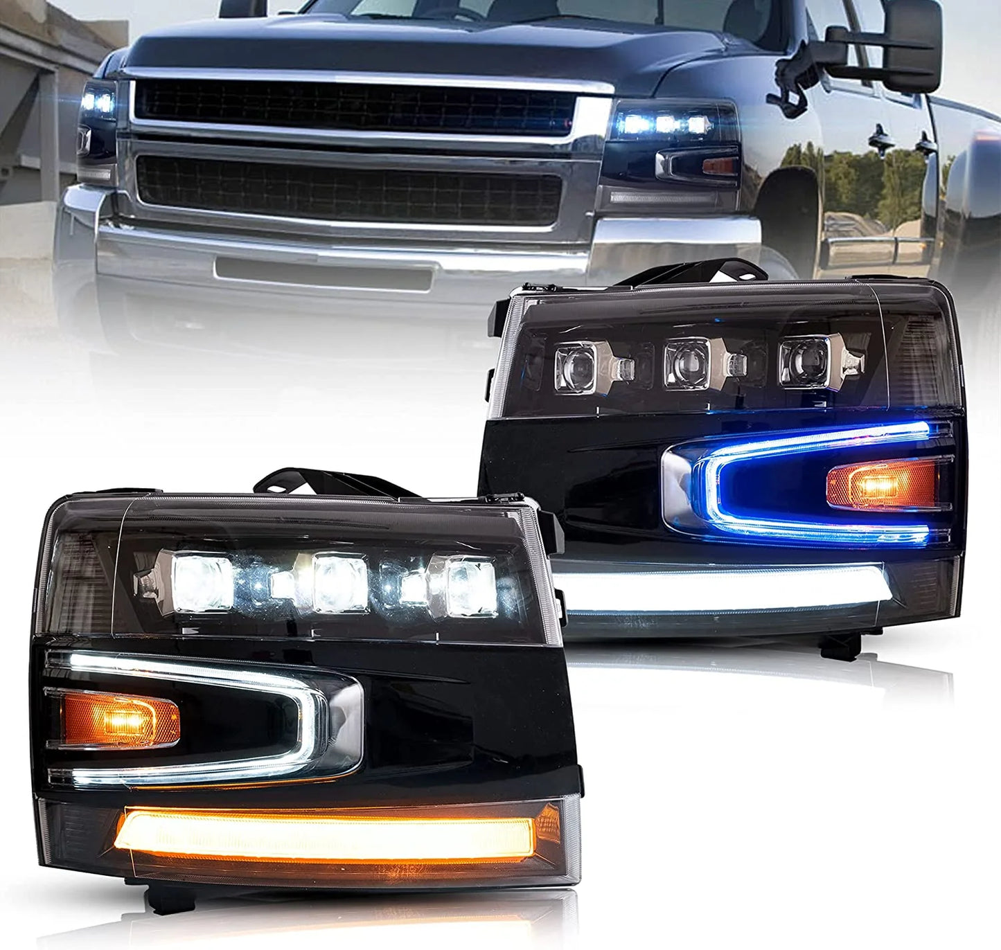 Fari a LED per proiettori per Chevrolet Chevy Silverado 2007-2013 1500 / 2500HD / 3500HD (non compatibile con Silverado Classic 2007) con illuminazione blu per la respirazione