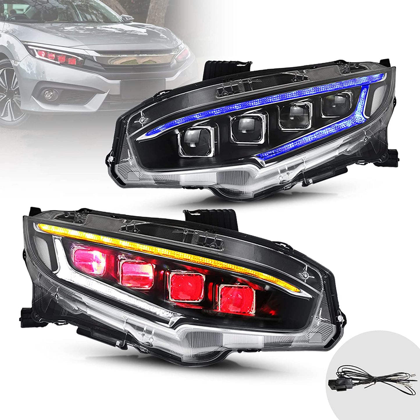 Fari a LED per Honda Civic Sedan/Coupé/Hatchback/Type R di decima generazione 2016-2020 con animazione di avvio (solo USA)