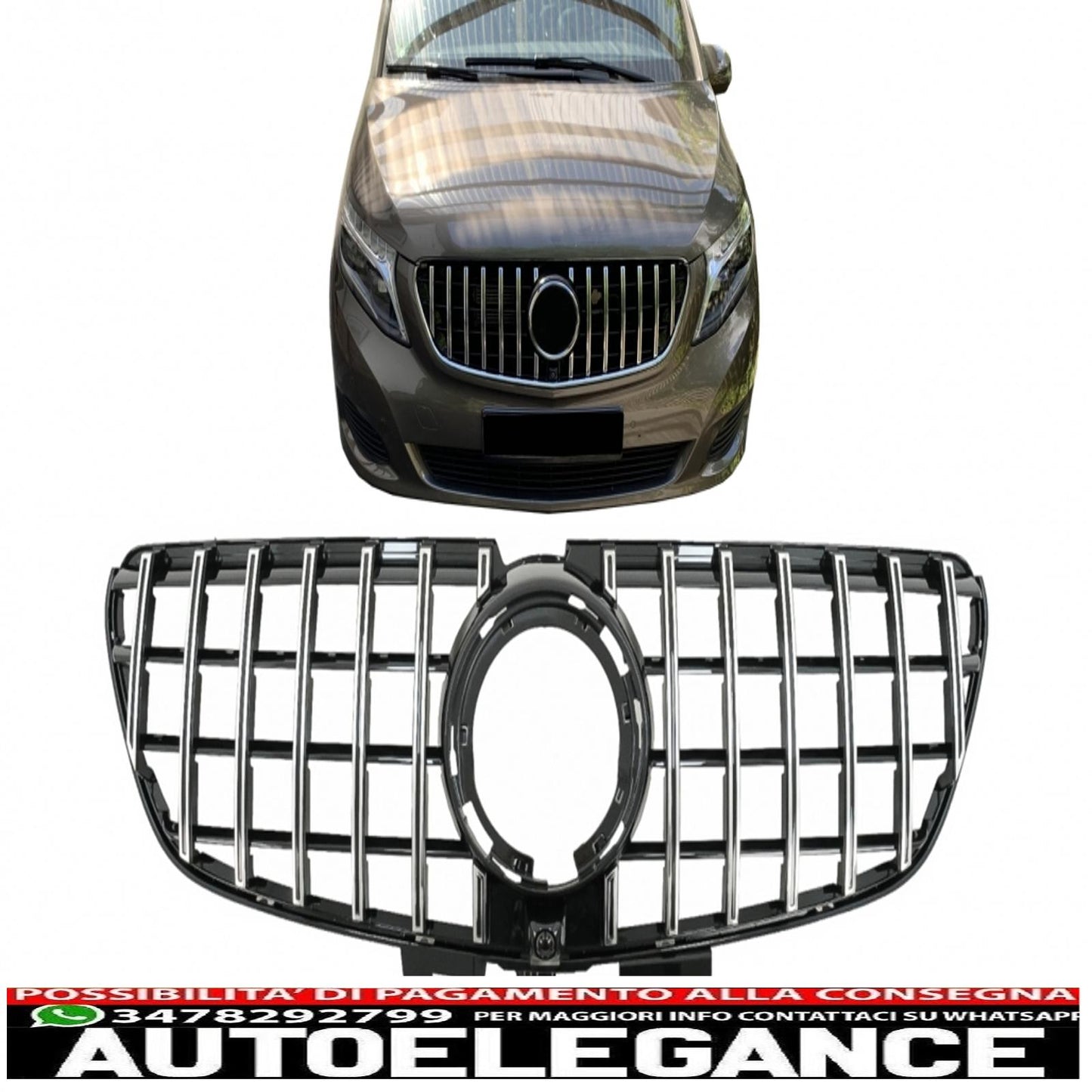 central grille suitable for mercedes v class w447 facelift (2020 onwards) gt r design panamericana black chrome