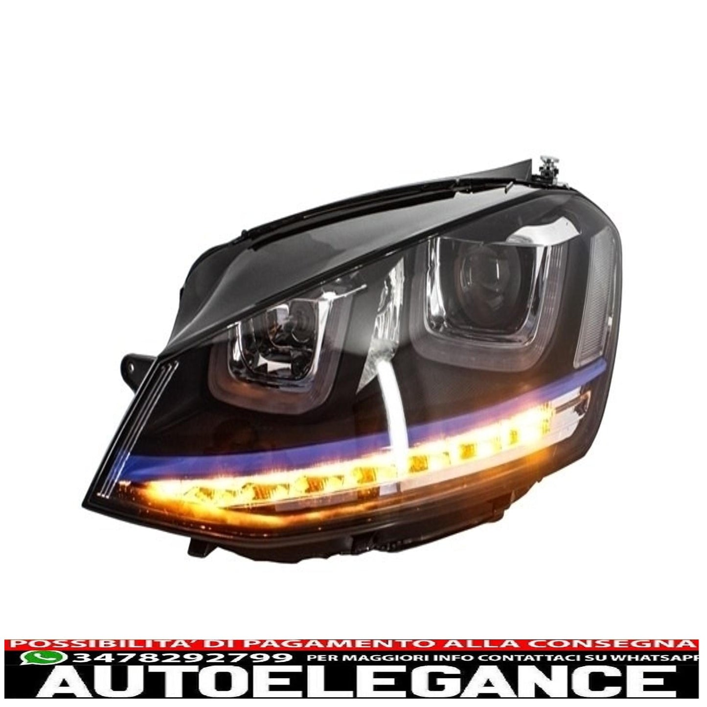 headlights with central grille suitable for vw golf 7 vii (2012-2017) gte design blue inserts and dynamic sequential light leds