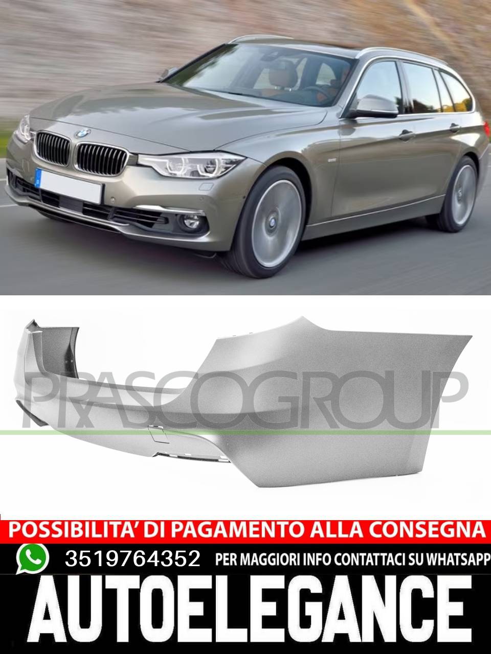Paraurti Prasco Posteriore Per Bmw 3 F31 340 335 330 328 325 320 318 316 CON TAPPO COPRIGANCIO-CON TRACCE PDC MOD. STATION WAGON M-tech