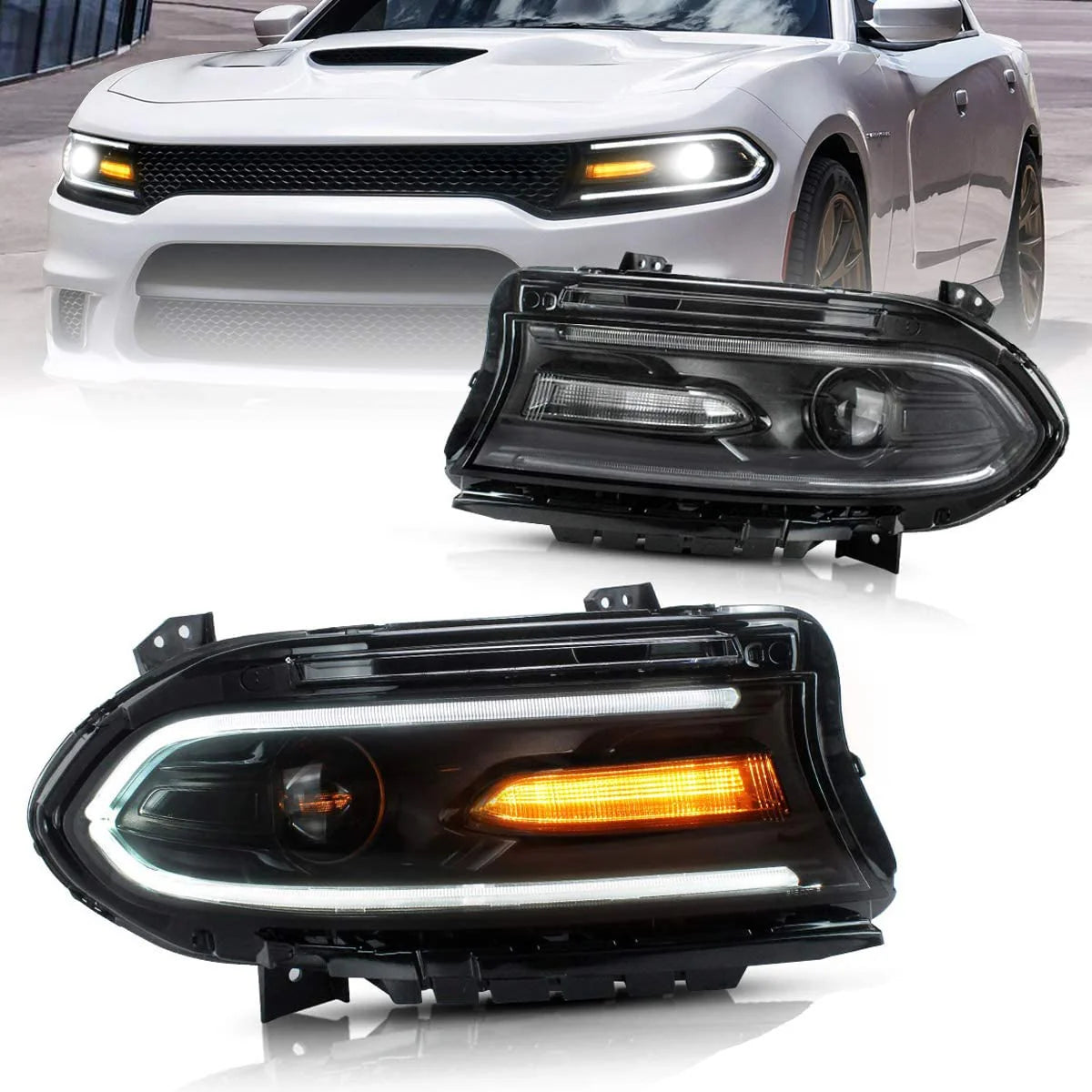 Dual Beam Projector Headlights for 2015-UP Dodge Charger (Sold as a Pair, Left and Right Side)