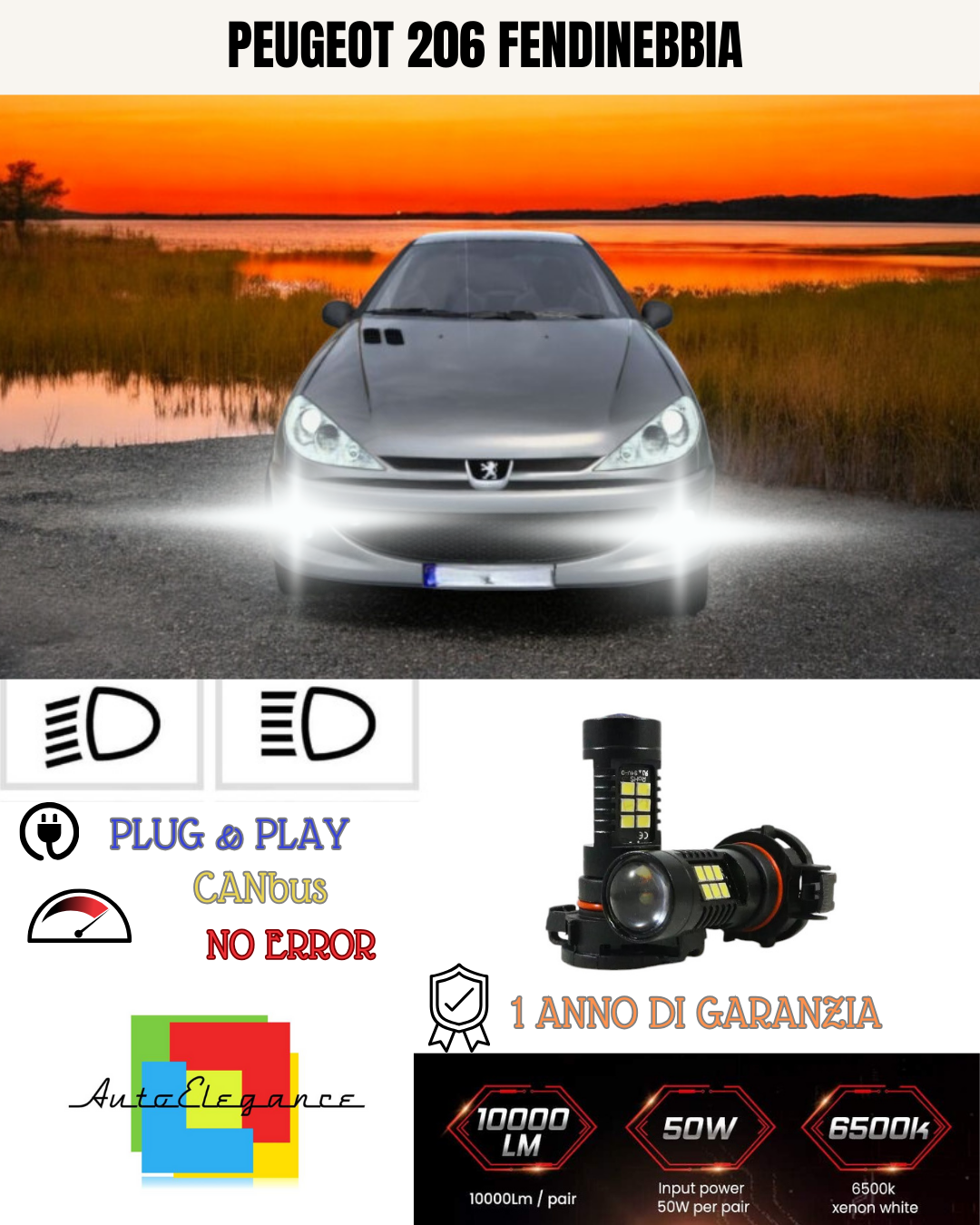 🔥KIT LED PSX24W PEUGEOT 206+ 6000K BIANCO FENDINEBBIA🔥
