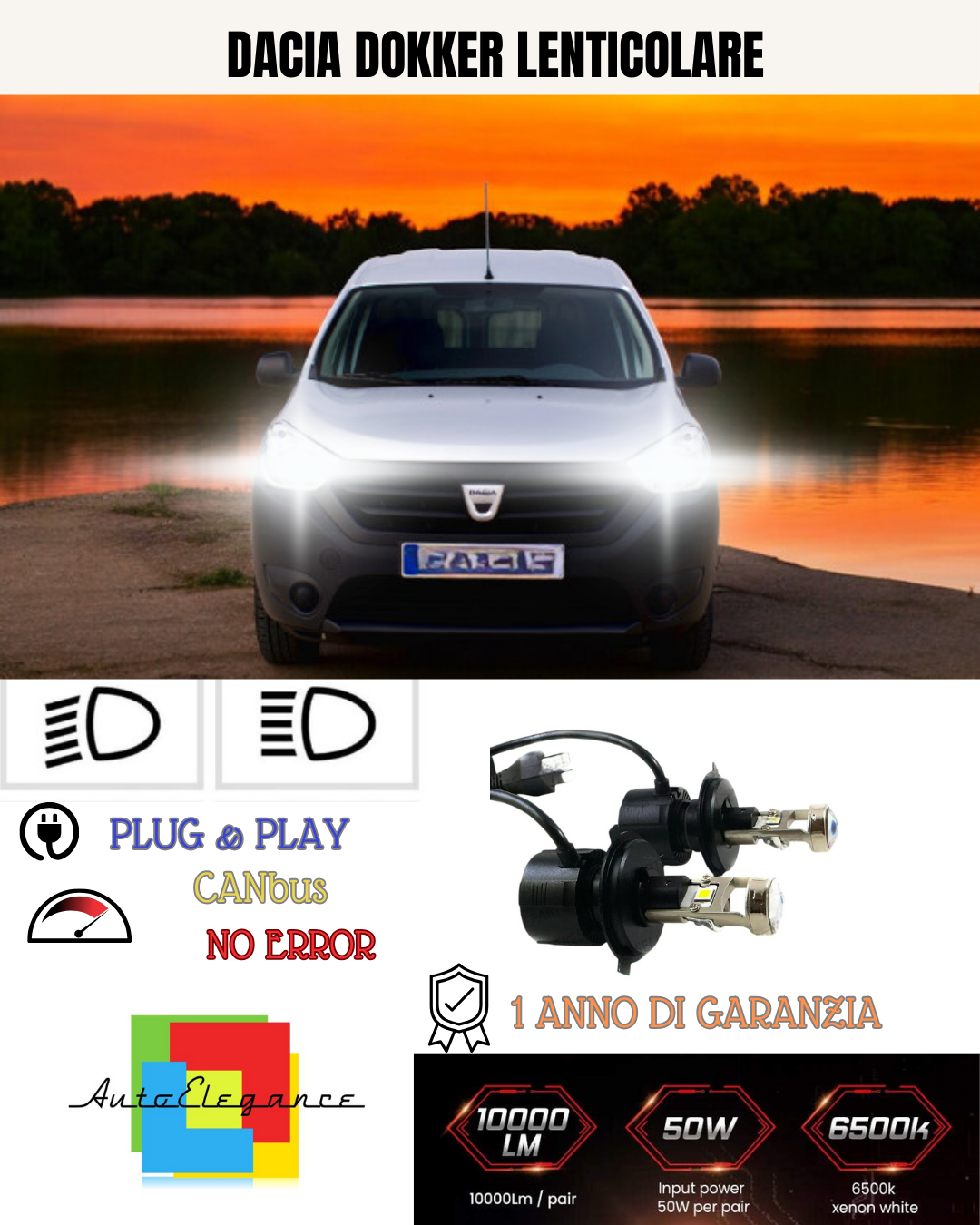 🔥KIT BI-LED H4 DACIA DOKKER 6000K BIANCO LENTICOLARE🔥