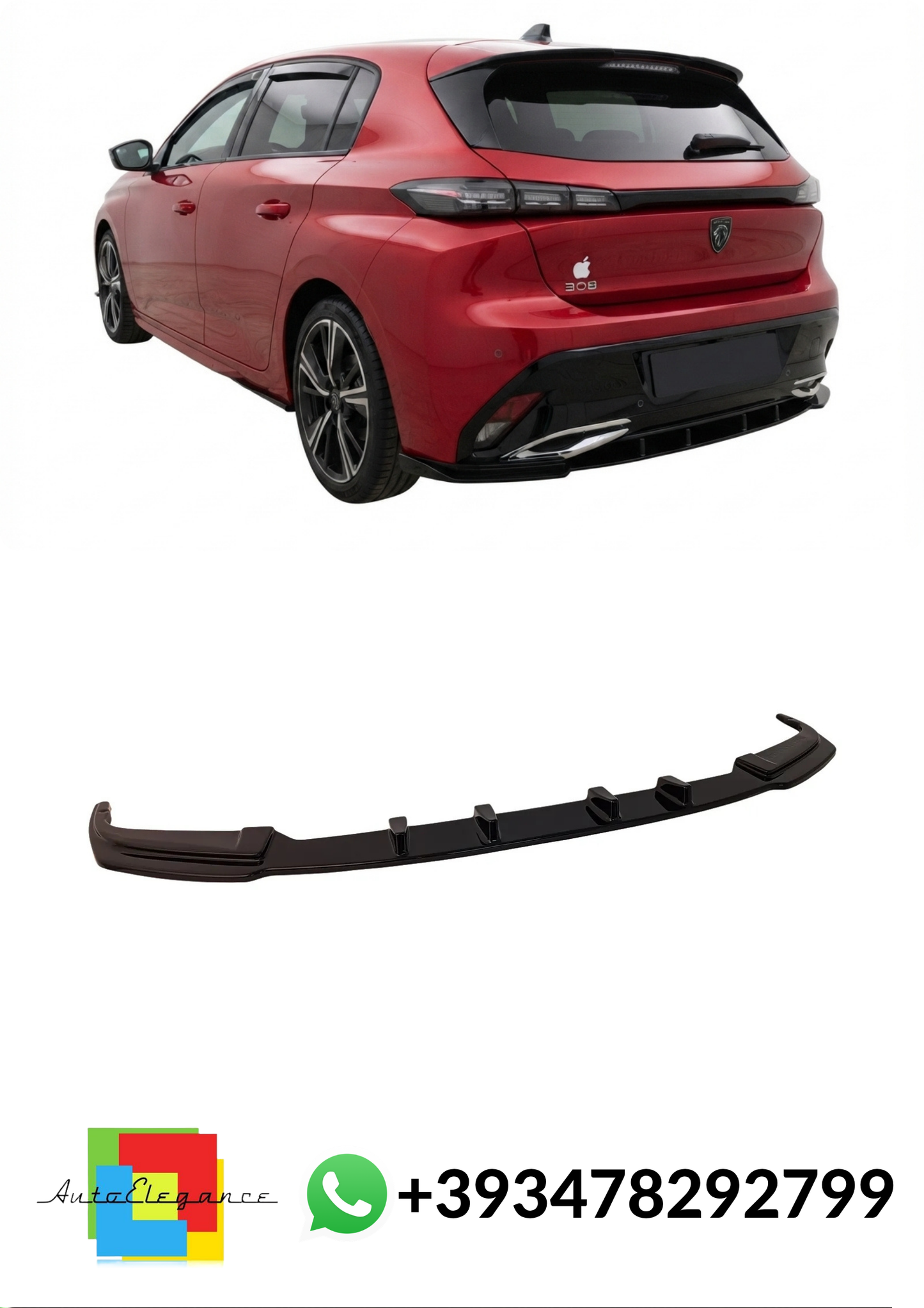 💕SPLITTER POSTERIORE Peugeot 308 Mk3 Hatchback NERO LUCIDO💕