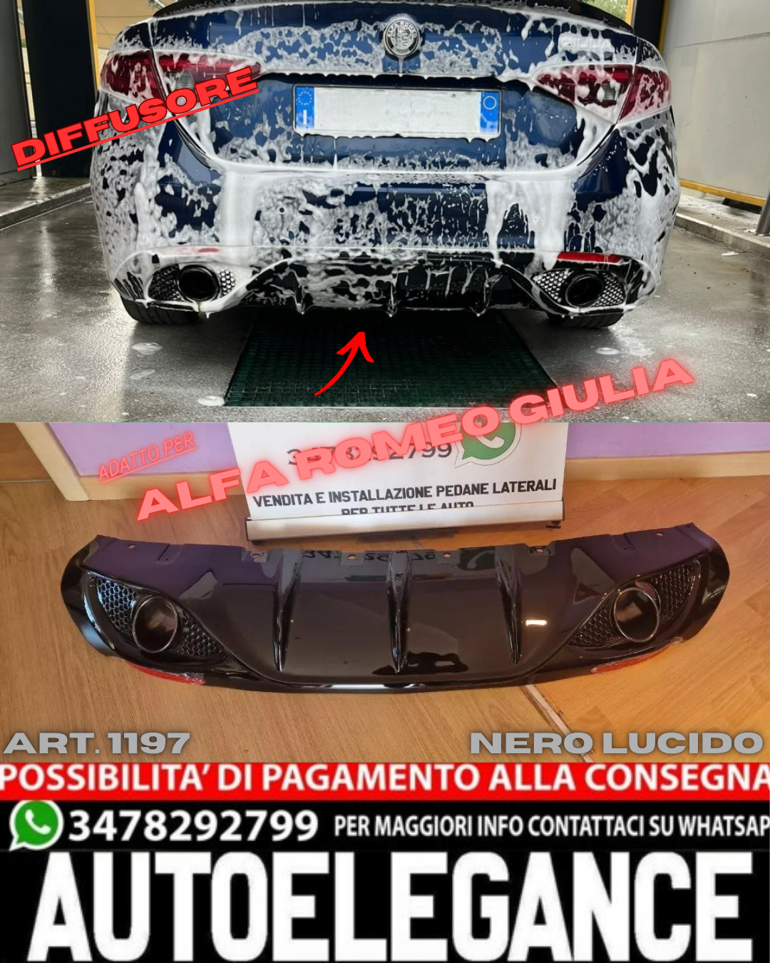 Diffuseur Pour Alfa Romeo Giulia Look Veloce - Noir Brillant + Terminaux Noirs, Neuf