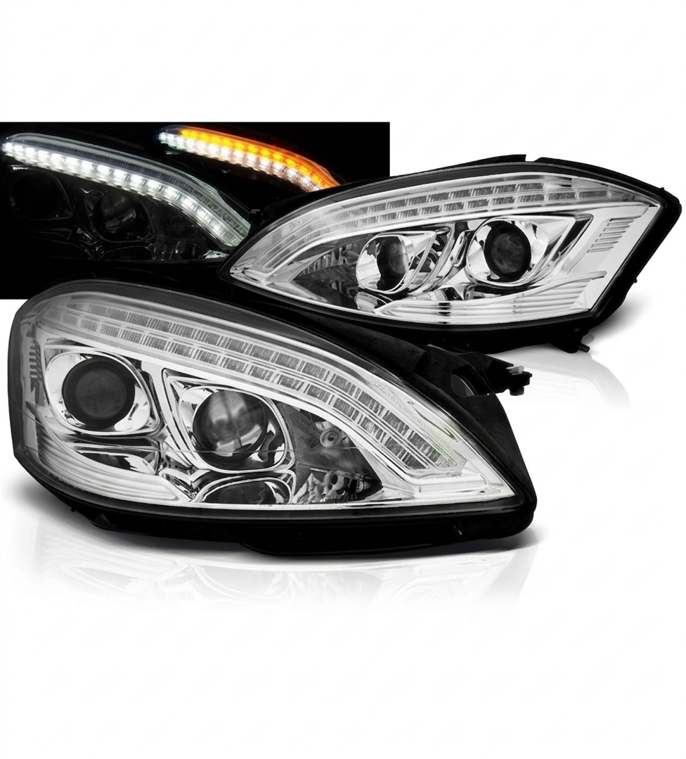 💕 Fari Anteriori Adatto per Mercedes W221 05-09 Xenon LED Daylight Cromati 💕