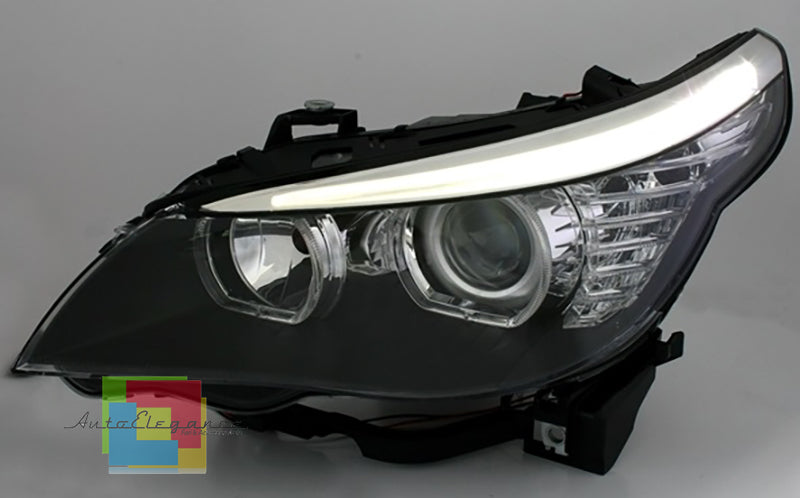 BMW SERIE 5 E60 E61 2003-2007 FARI ANTERIORI NERI CON ANGEL EYES LED BIANCHI