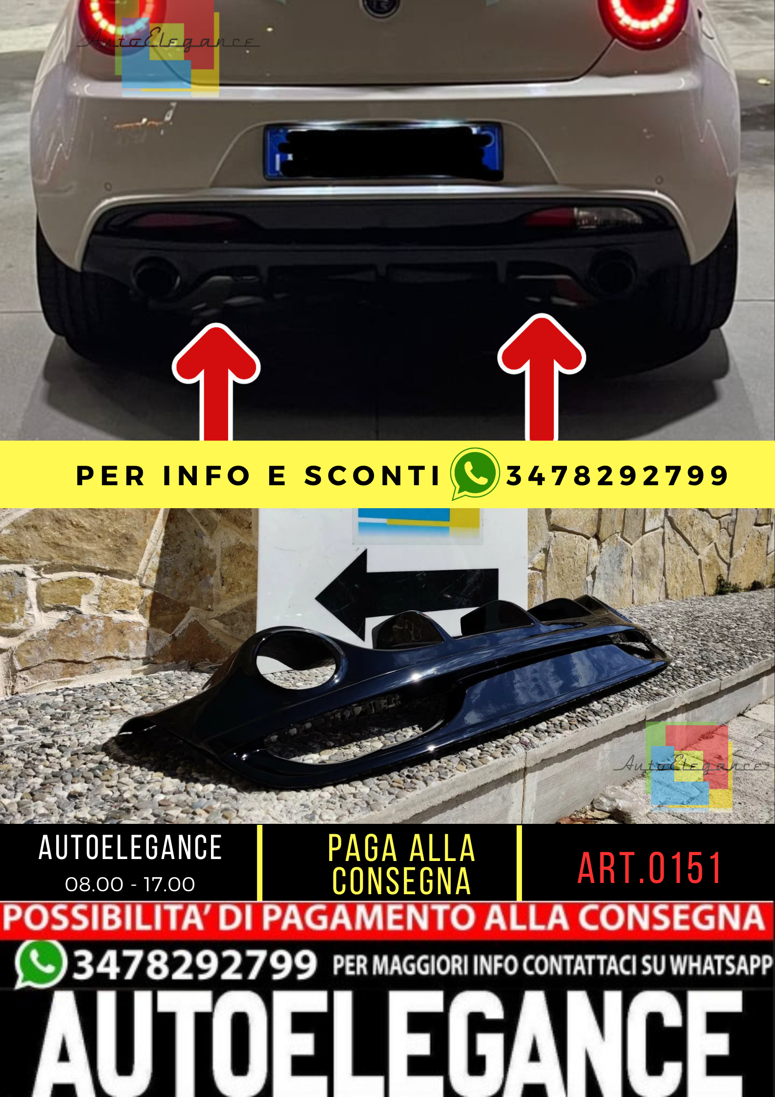Diffuseur Arrière Pour Alfa Romeo Mito (2008 Et Plus) - Couleur Noir Brillant, Finition Poli, Pièce Neuve
