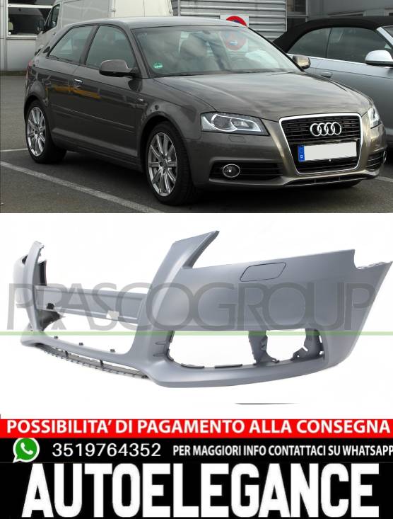 PARAURTI ANTERIORE AUDI A3 08-12 CON PRIMER - TAPPO COPRI GANCIO TRAINO - FORI LAVAFARI+TAPPI - TRACCE PDC MOD. S-LINE