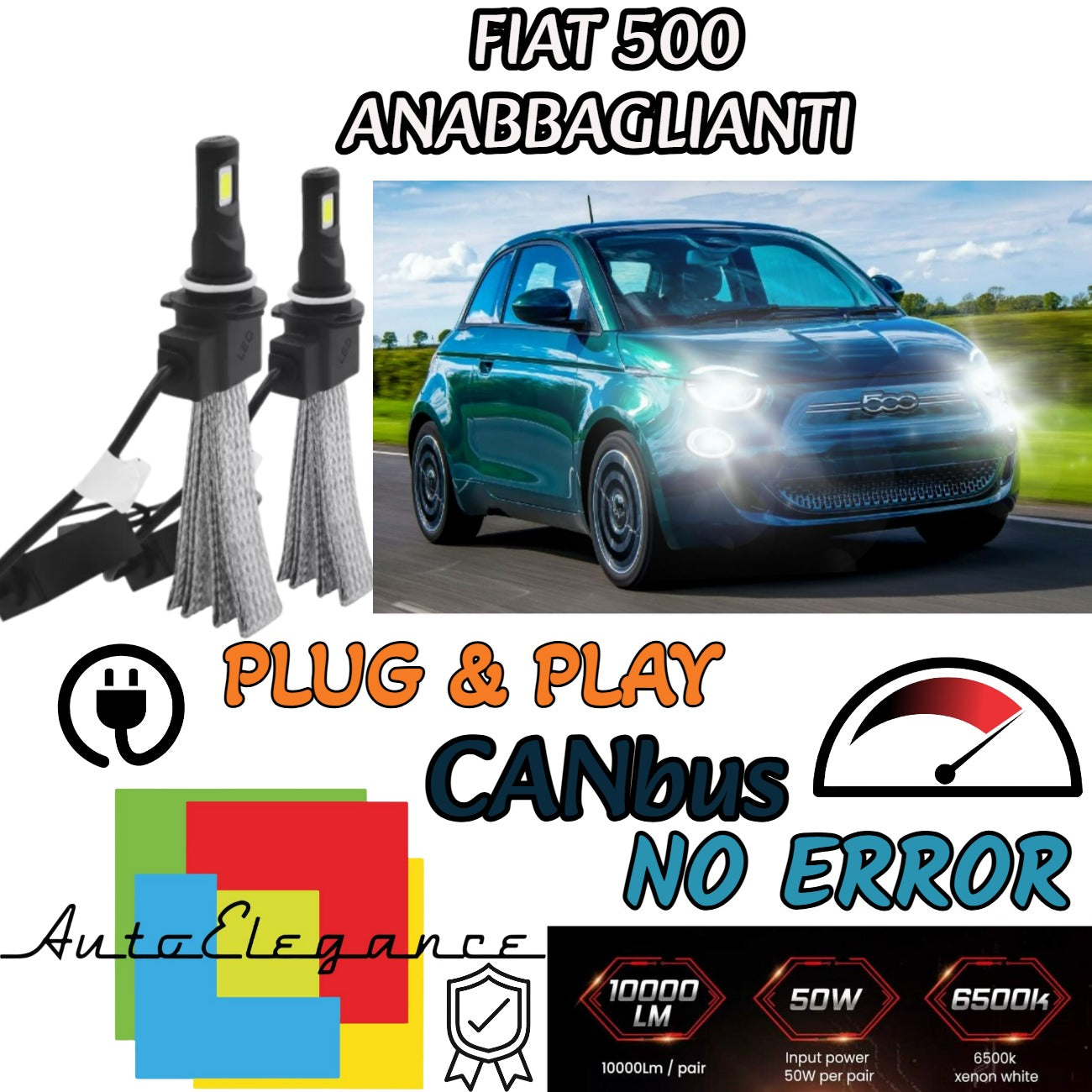 KIT H7 LED 6000K FIAT 500 CINQUECENTO + NO ERROR LOW BEAM BULB HOLDER