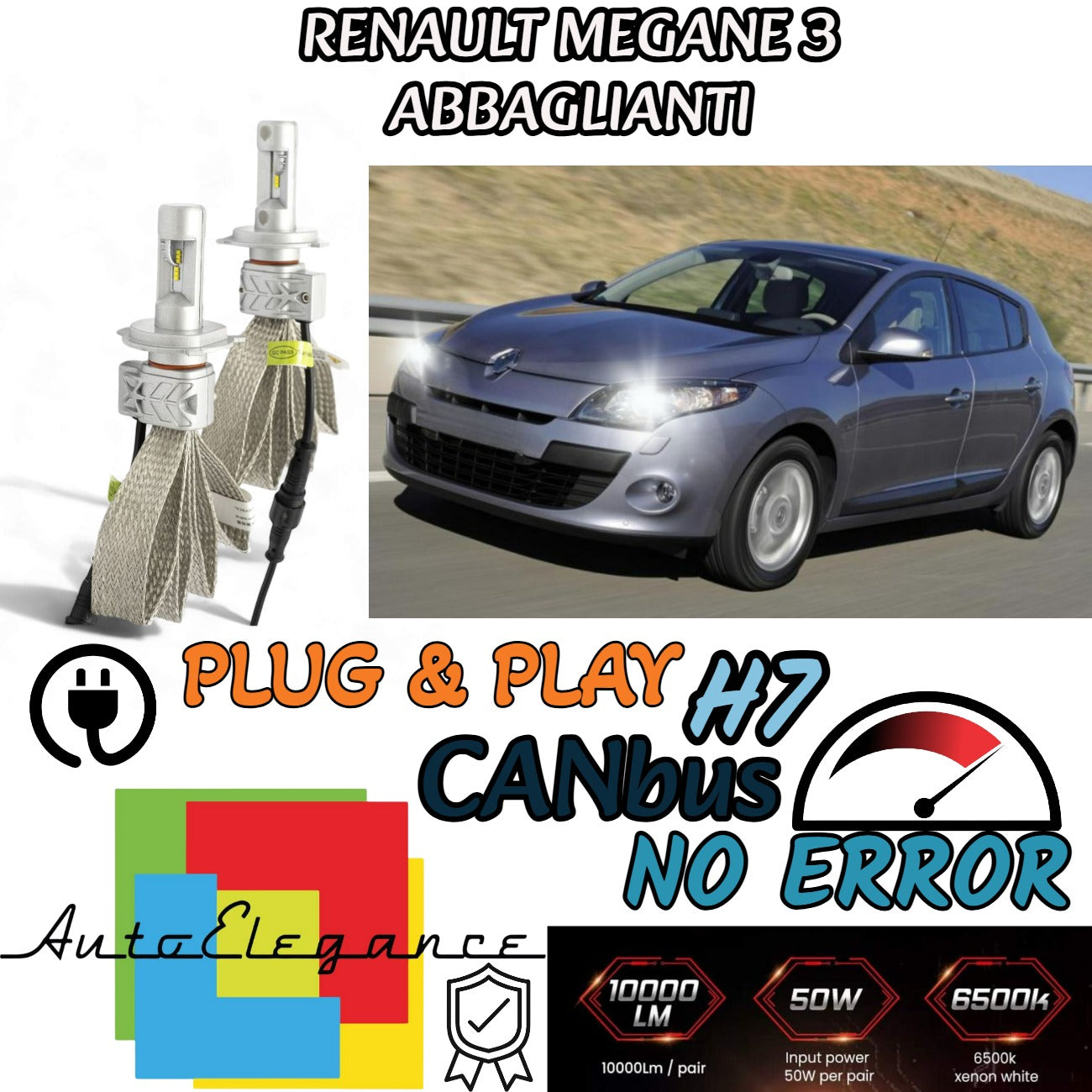 KIT LED H7 6500K CANBUS 8000 LM LUMEN RENAULT MEGANE 3 III NO AVARIA ABBAGLIANTI