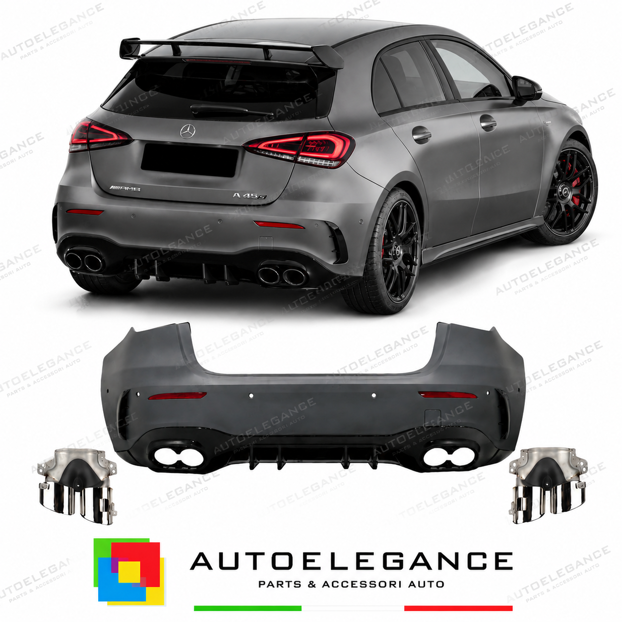 PARAURTI POSTERIORE MERCEDES CLASSE A W177 18- LOOK AMG A45 TERMINALI DI SCARICO
