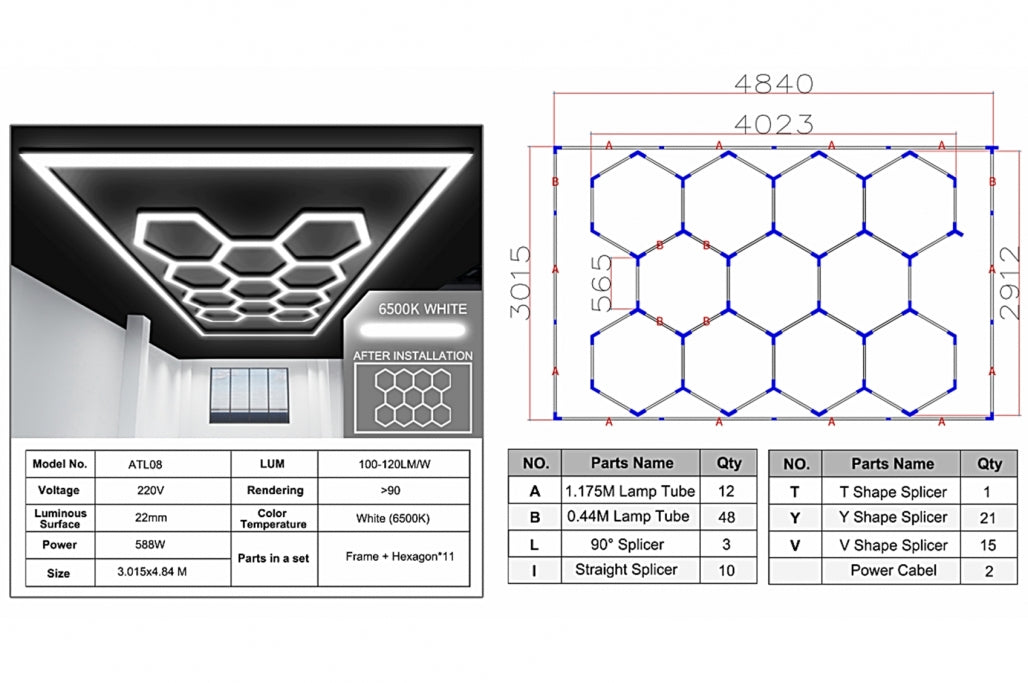 Sistema di illuminazione a soffitto a nido d'ape esagonale 4,02 x 2,91 m