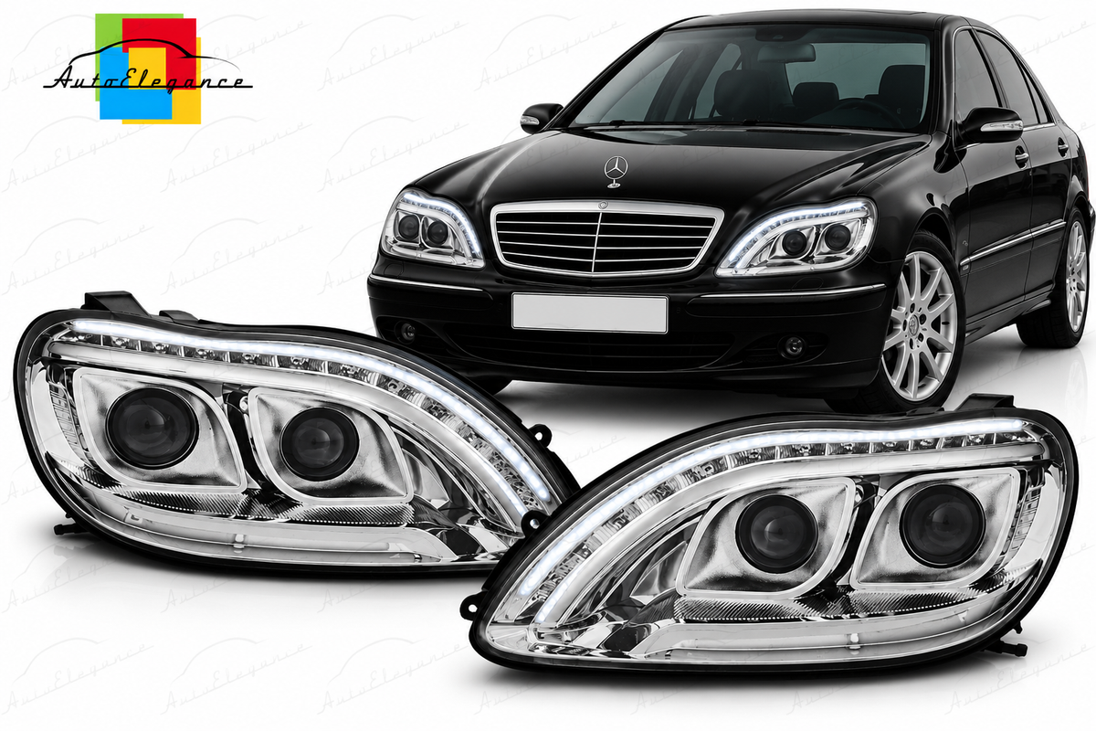 FARI ANTERIORI CROMATI A LED ADATTI PER MERCEDES W220 S-KLASA 09.98-05.05
