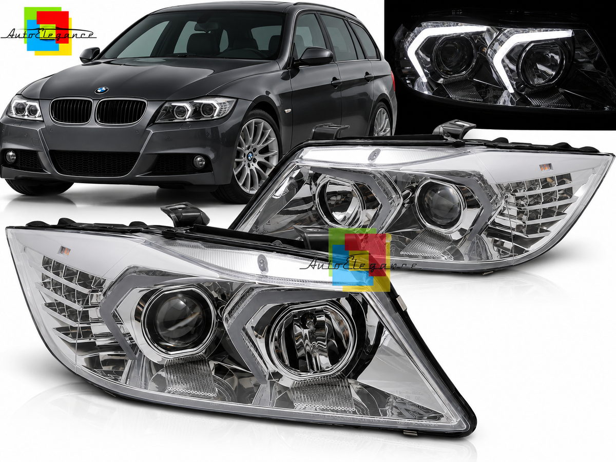 FARI ANTERIORI A LED CROMATI ADATTI PER BMW E90/E91 05-08