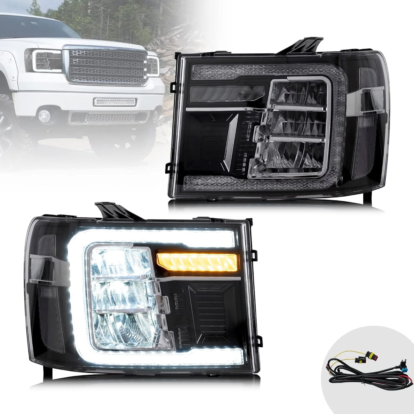 LED Headlights for GMC Sierra 1500 2500HD 3500HD 2007-2013 with Dynamic DRL