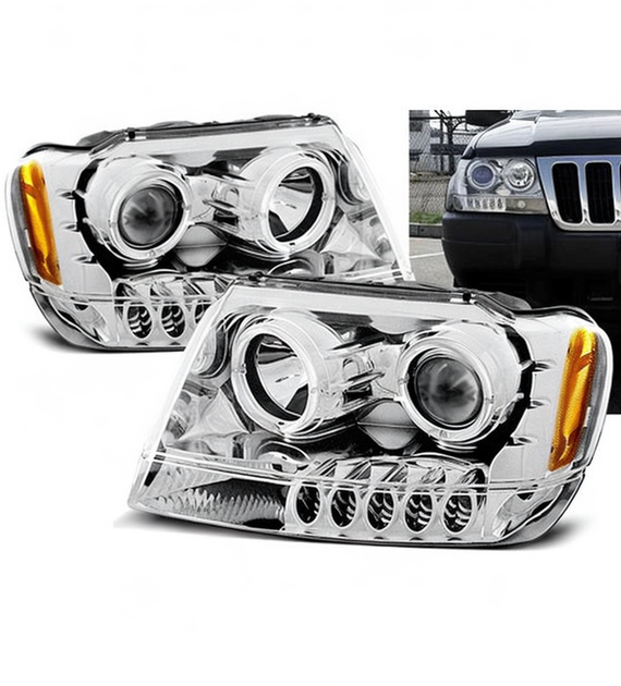 💕 Fari Anteriori Adatto per Jeep Grand Cherokee 99-05 Angel Eyes Cromati 💕