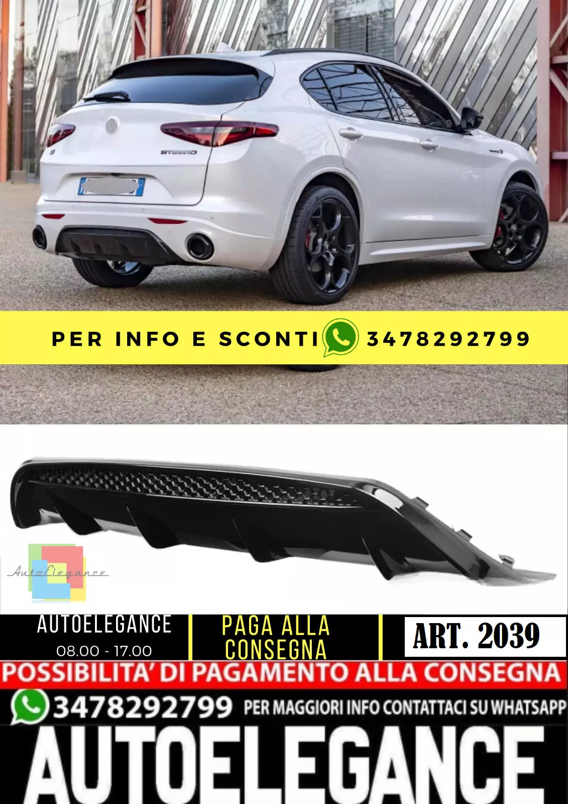 ⭐DIFFUSORE POSTERIORE ADATTO PER ALFA ROMEO STELVIO NERO LUCIDO ⭐2039