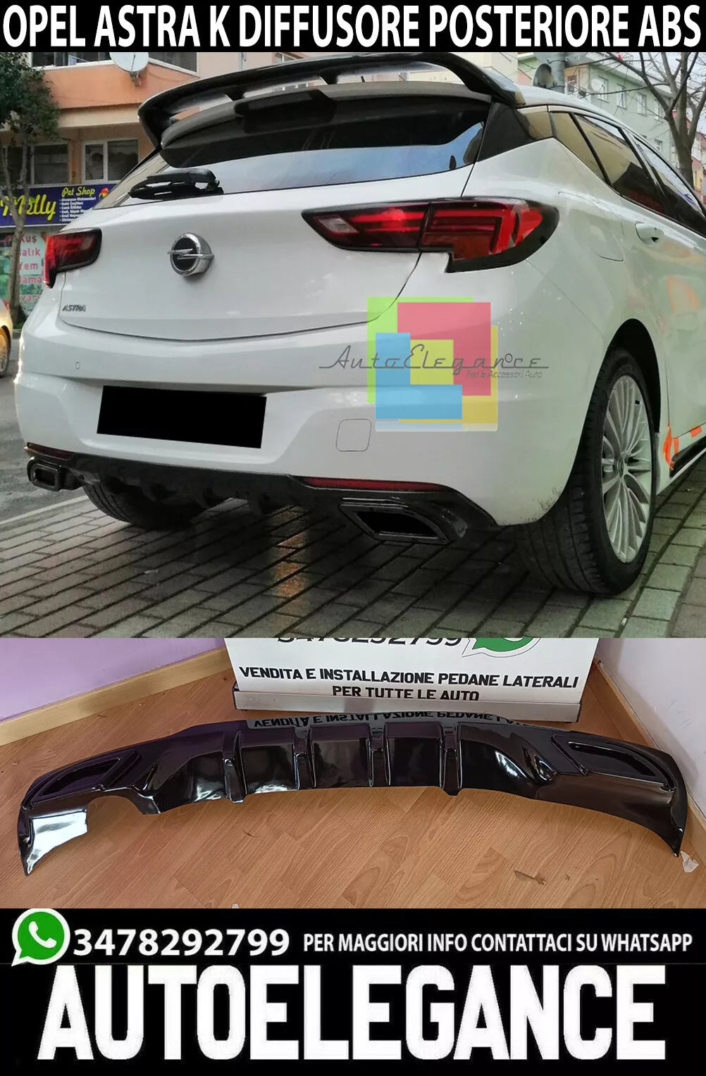 OPEL ASTRA K DIFFUSORE POSTERIORE ABS NERO LUCIDO SOTTO PARAURTI TERMINALI OVAL
