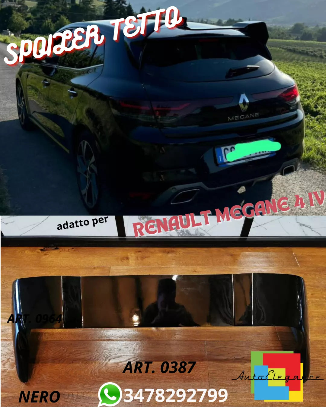 💎SPOILER DA TETTO ADATTO A RENAULT MEGANE 4 IV STANDARD LOOK RS NERO LUCIDO💎