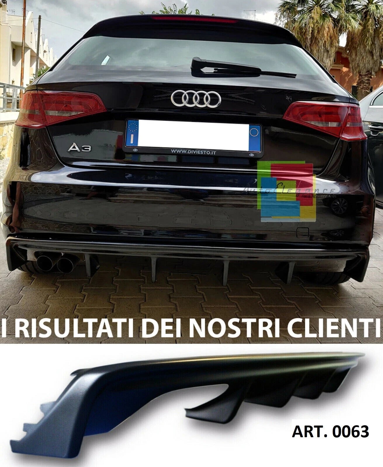 DIFFUSORE AUDI A3 8V 2012-2015 SPORTBACK SOTTO PARAURTI POSTERIORE RS3 IN ABS . T