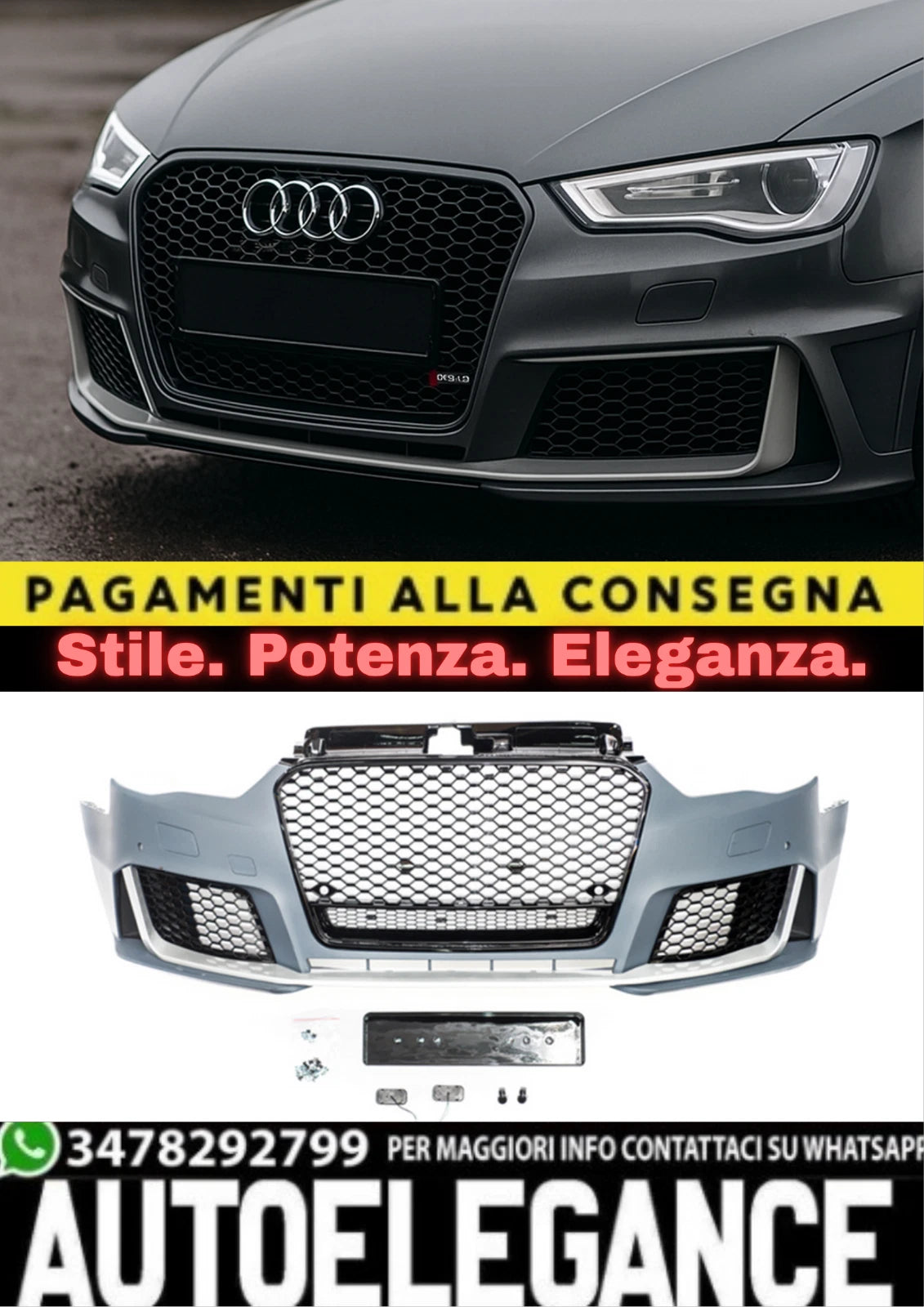 ✨ Paraurti Anterioree RS3 Look Con Sra per Audi A3 (8V) Hatchback Sportback 12-15 ✨