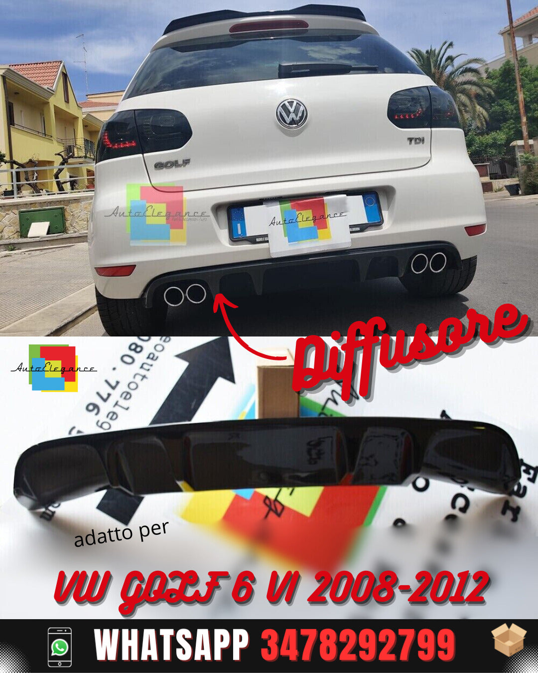 VW GOLF 6 VI 2008-2012 PARAURTI POSTERIORE DIFFUSORE BASSO IN ABS DOPPIA TUNING