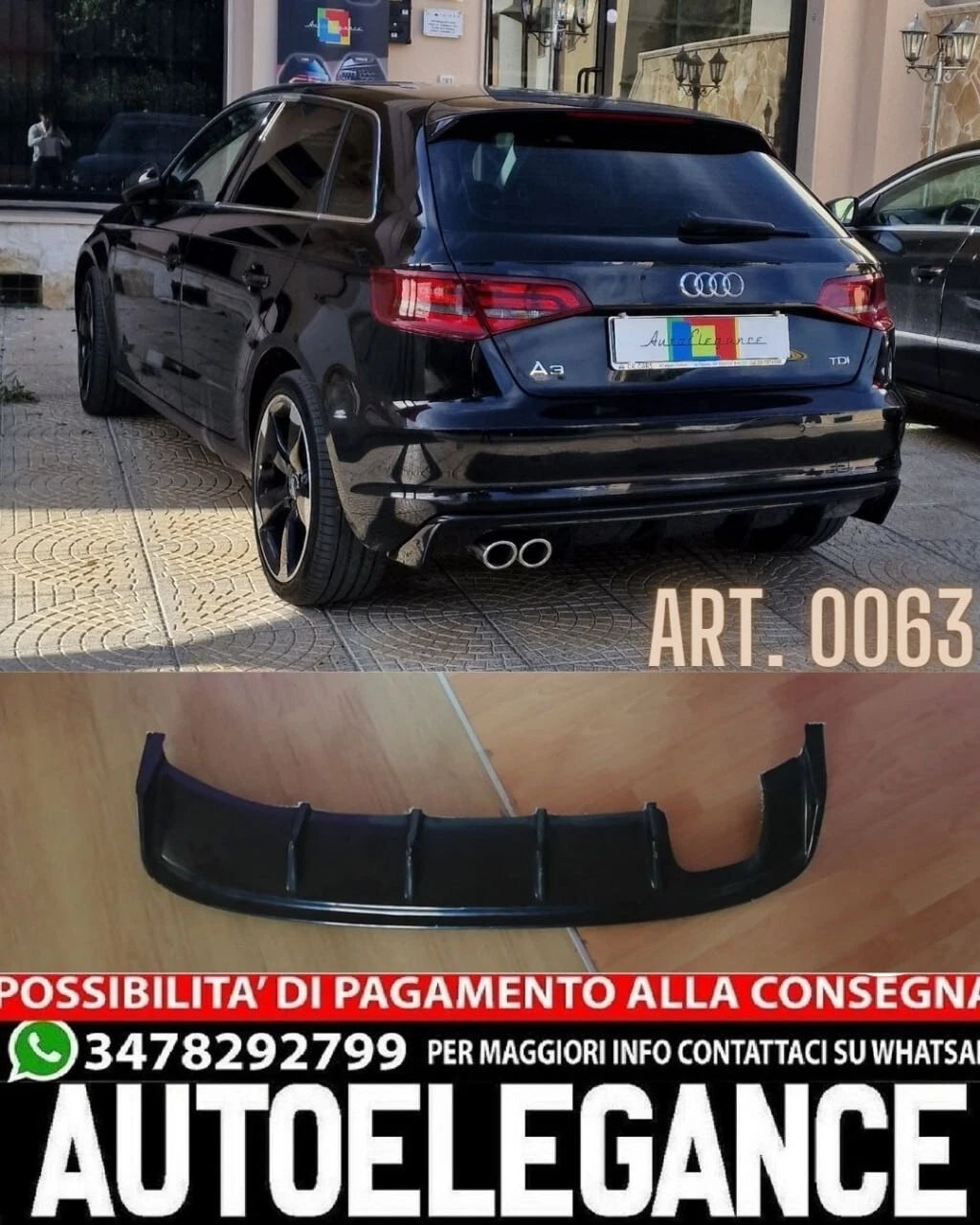 0063 DIFFUSORE AUDI A3 8V 2012-2015 SPORTBACK SOTTO PARAURTI POSTERIORE RS3 ABS