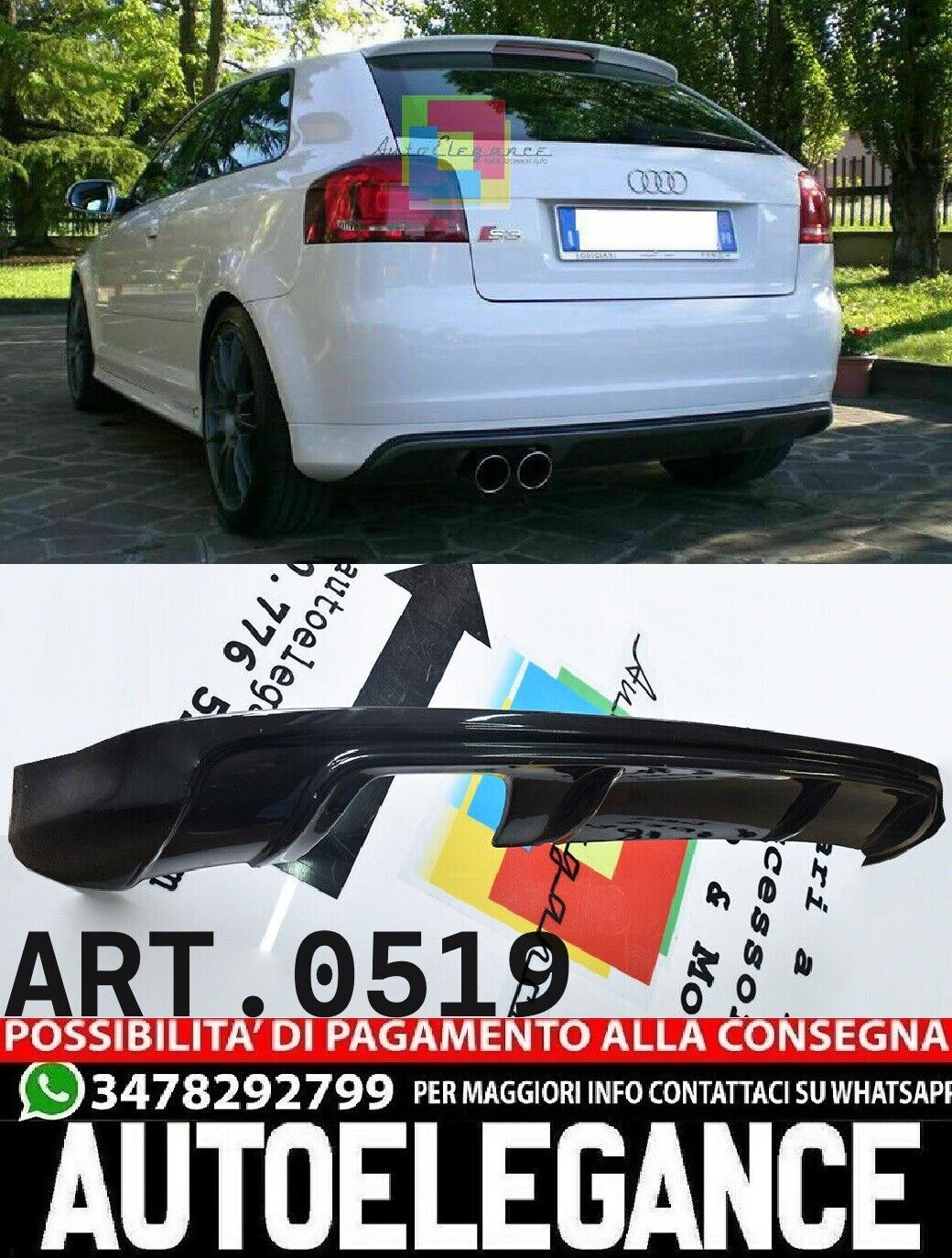 0519 AUDI A3 8P 3 PORTE 2003-2008 S3 DIFFUSORE POSTERIORE SOTTO PARAURTI ABS NERO