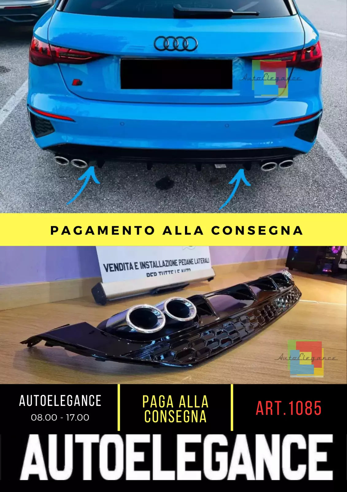 1085 Diffusore adattato per Audi A3 8Y 20+ Sportback Look S3 Pare-Chocs Slin