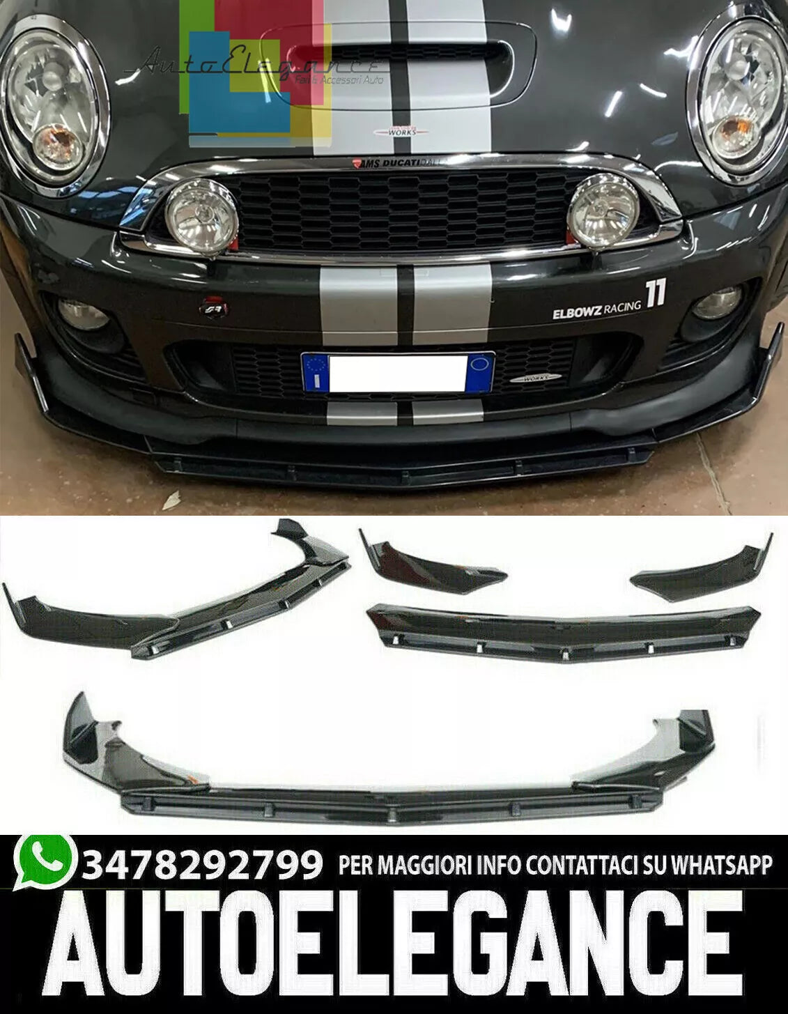 LAMA MINI R55 R56 R57 R58 R59 SPLITTER PARAURTI ANTERIORE NERO LUCIDO LOOK RS -