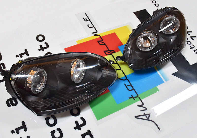 VW 5 V 2003-2008 Faro Anteriore Nero Angel Eyes Bianco Led Lenticolare