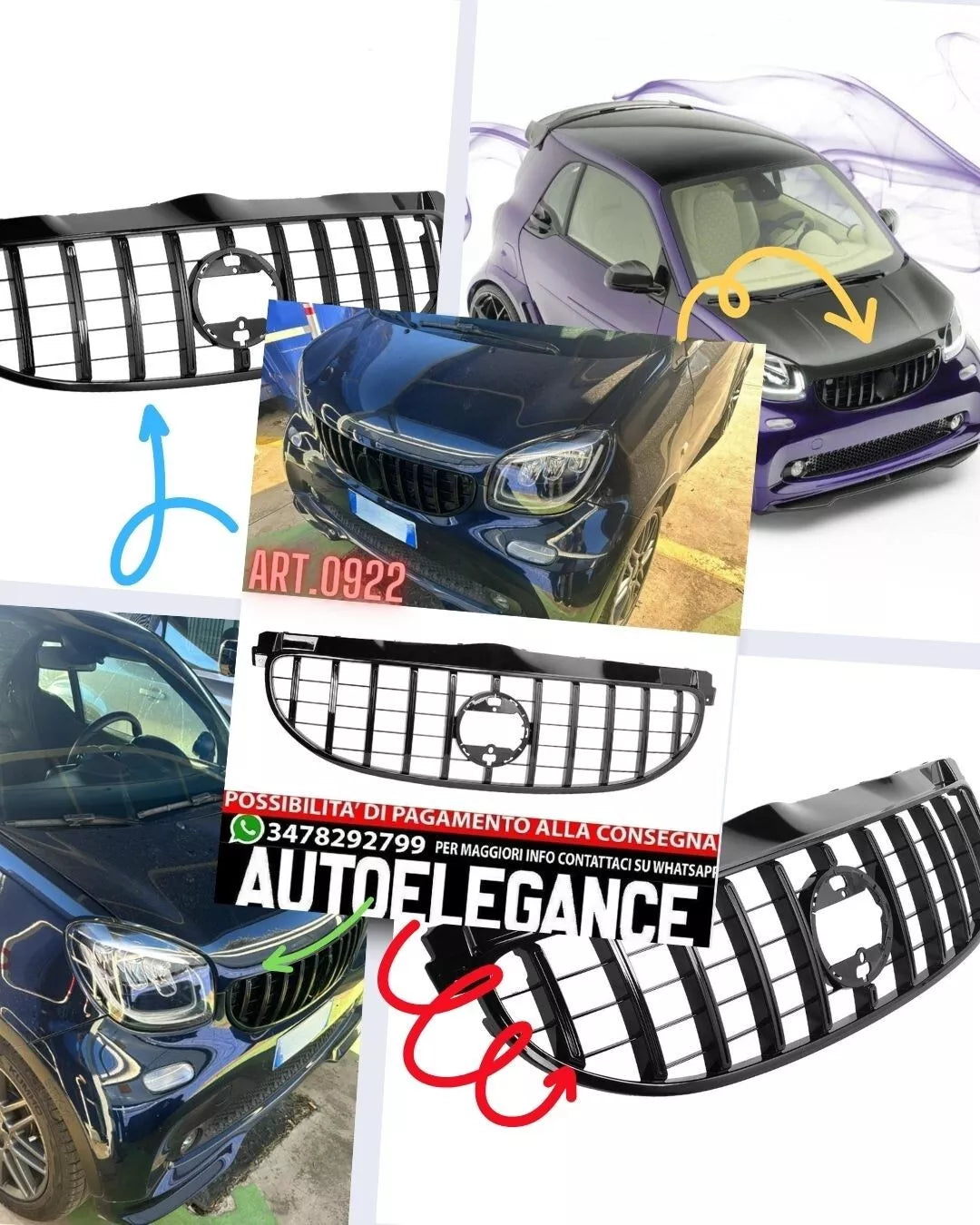 GRIGLIA ANTERIORE PER SMART 453 2014-2018 FORTWO LOOK GT NERO LUCIDO
