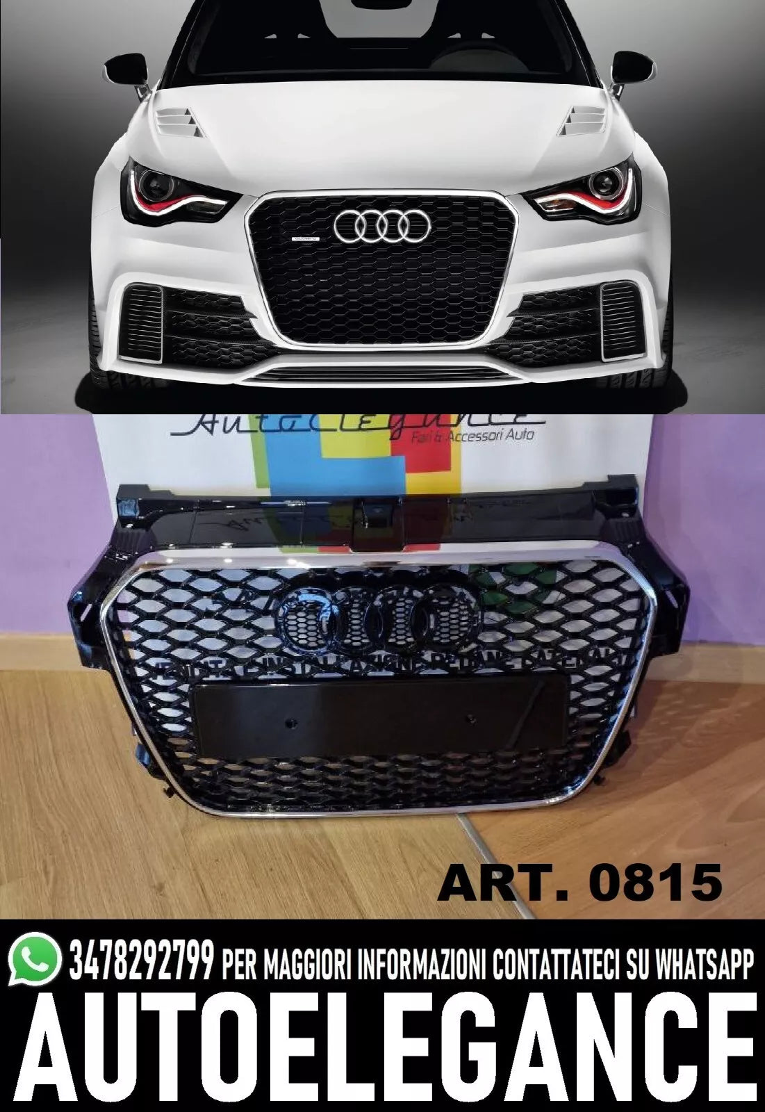 0815 GRIGLIA ANTERIORE AUDI A1 2010-2015 LOOK RS1 NIDO APE NERO BORDO CROMATO