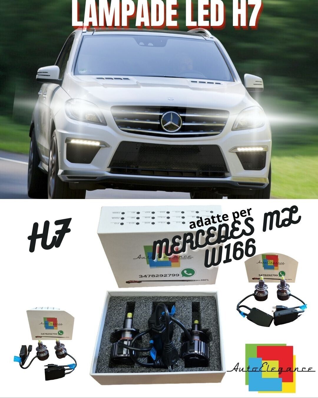 Mercedes ML W166 LED H7 6000K Bianco Nessun Errore LED Anabbaglianti Lampadine Set