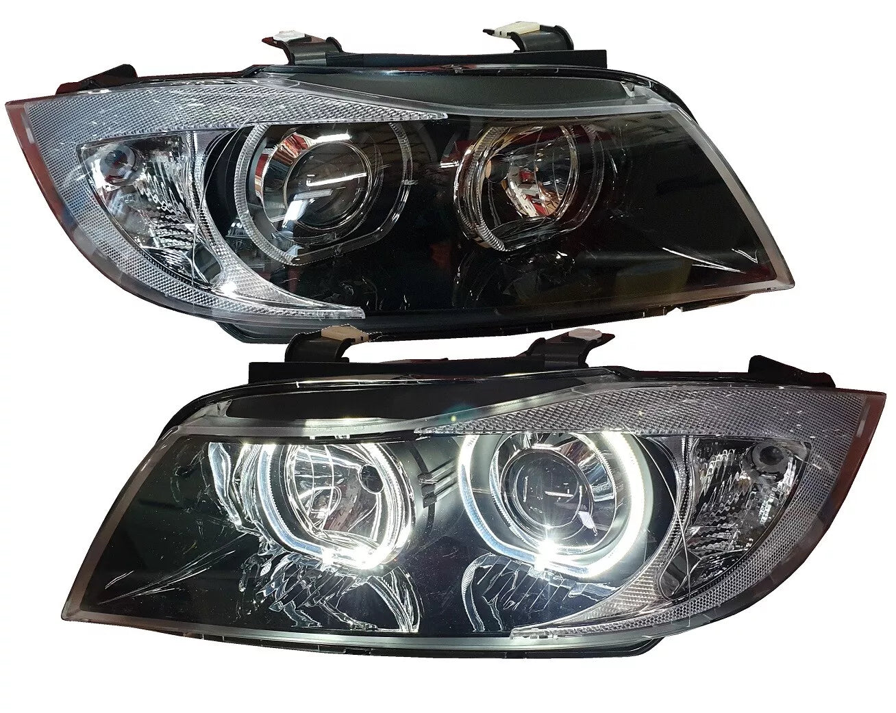 Set fari per BMW E90 E91 anno 05-08 LED nero bianco anelli angel eyes