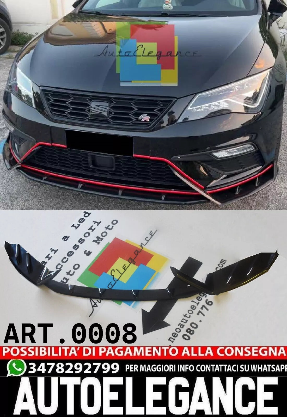 SEAT LEON 5F SPOILER FR PARAURTI ANTERIORE INFERIORE ABS LUCIDO NERO SPLITTER...--