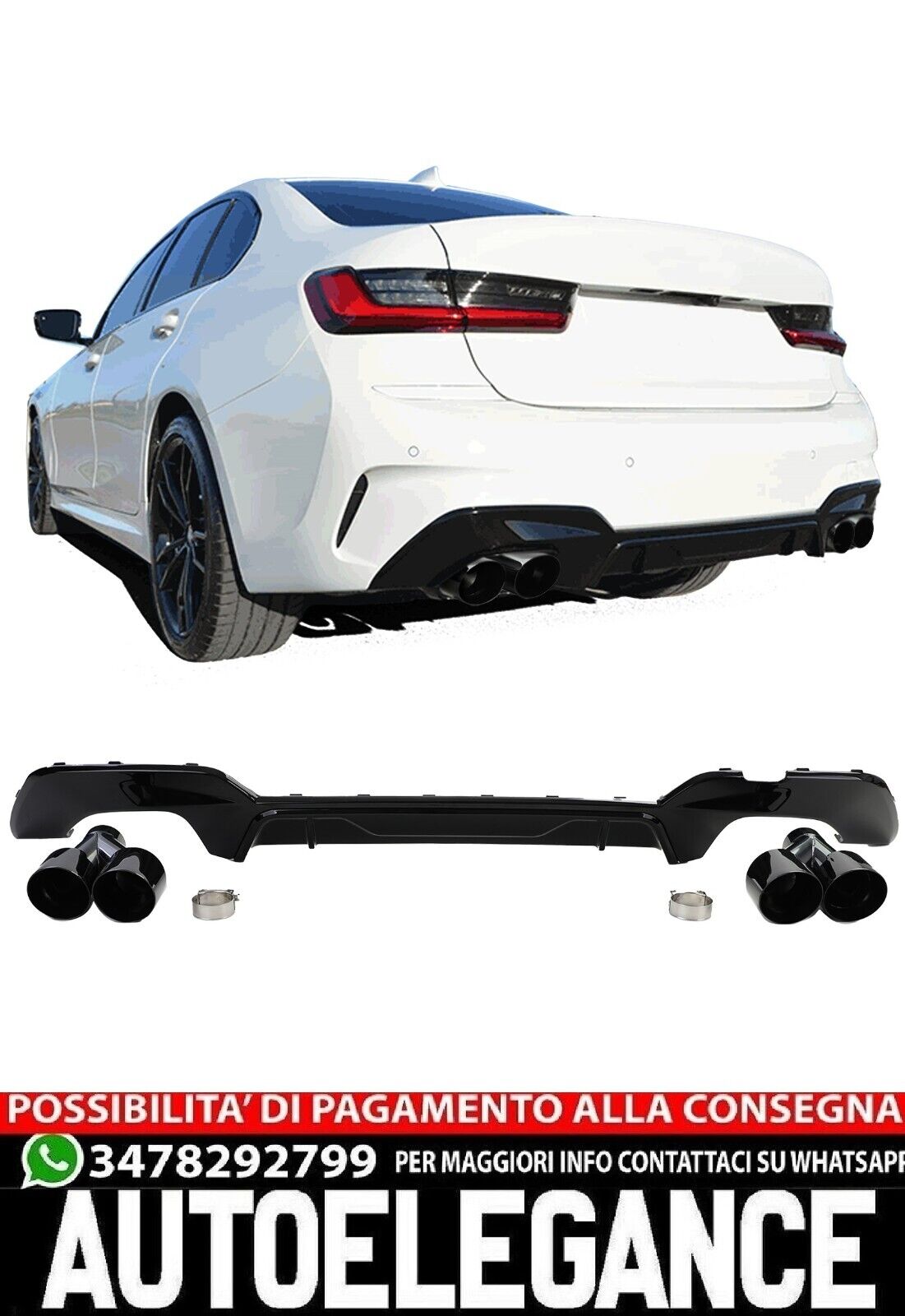 DIFFUSORE CON TERMINALI NERO ADATTO PER BMW SERIE 3 G20 G21 318 320 330