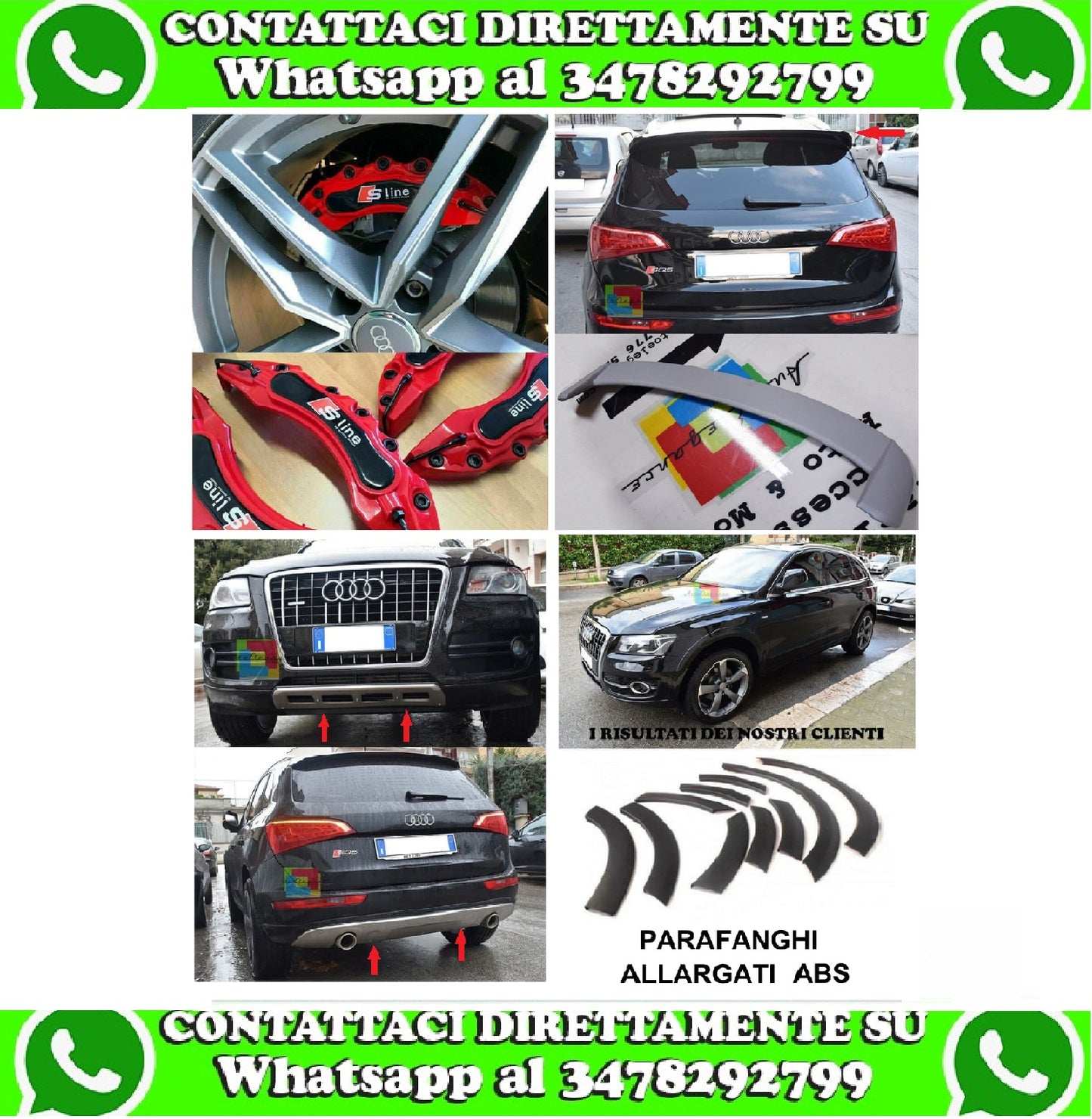 BODY KIT AUDI Q5 LOOK SQ5 - SOTTO PARAURTI ANTERIORE & POSTERIORE - COPRI PINZE S-LINE - SPOILER TETTO LOOK SQ5 - PARAFANGHI ALLARGATI AUTOELEGANCERICAMBI